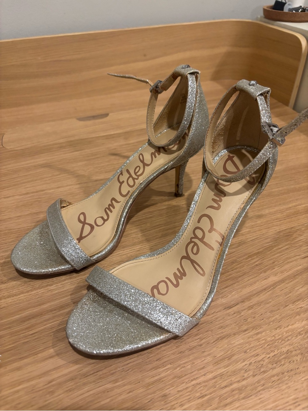 Sam Edelman Size 6 Silver Glitter Ankle-Strap Heels